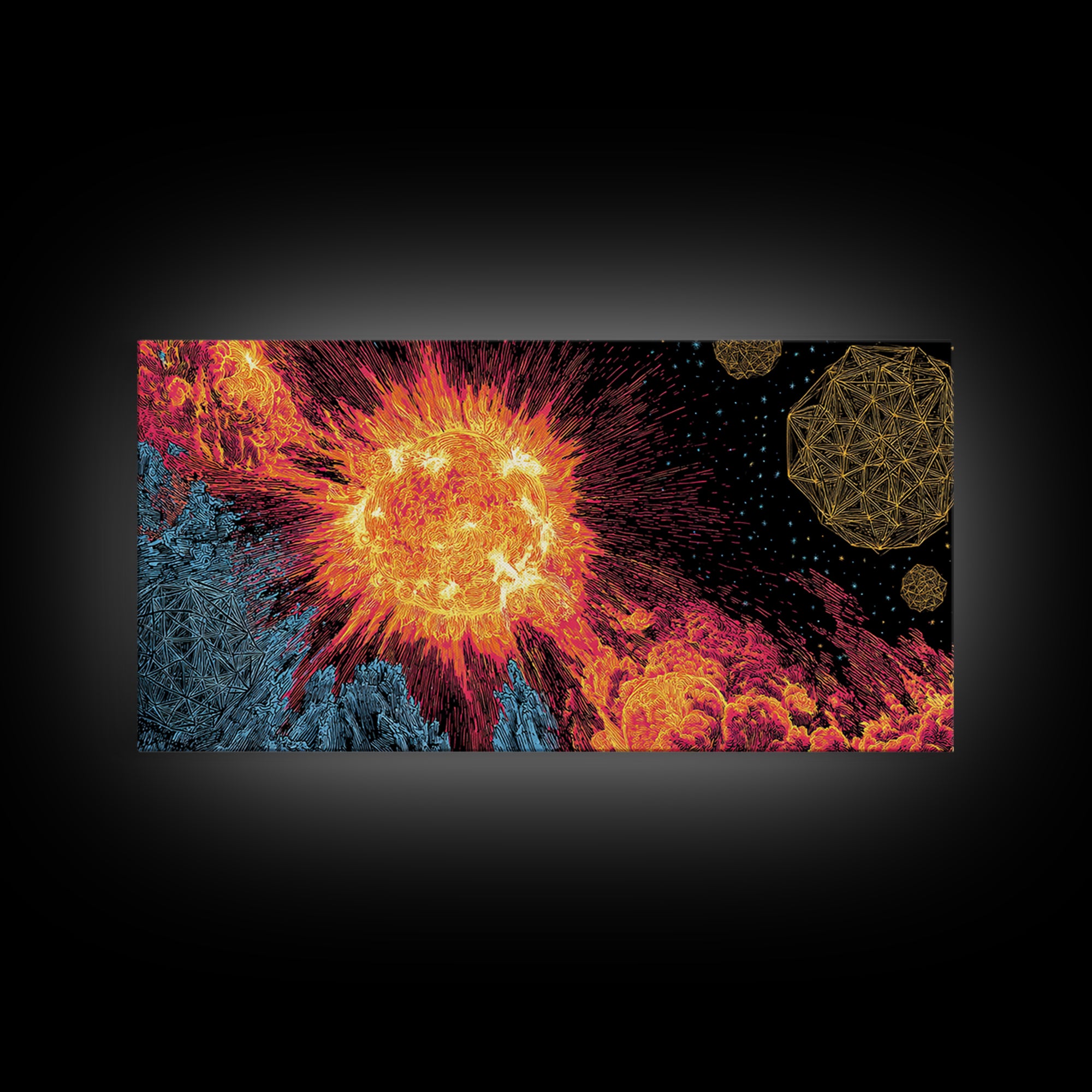 Fiery Solar Flare Sun And Asteroids Canvas Print, Modern Abstract Art, Retro Space Poster, Cosmic Wall Decor, Sci Fi Gift