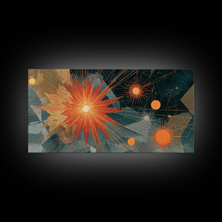 Orange Teal Geometric Starburst Framed Canvas Print, Midcentury Modern Abstract Art, Retro MCM Wall Decor, Home Office Decor