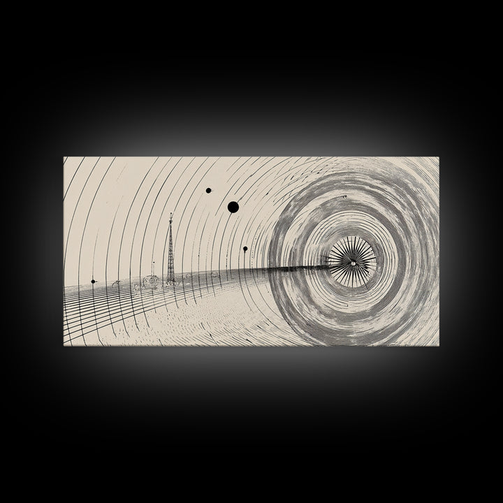 Black Beige Radar Wave Perspective Op Art Wall Art, Minimalist Geometric Art Print, Modern Abstract Poster, Office Home Decor