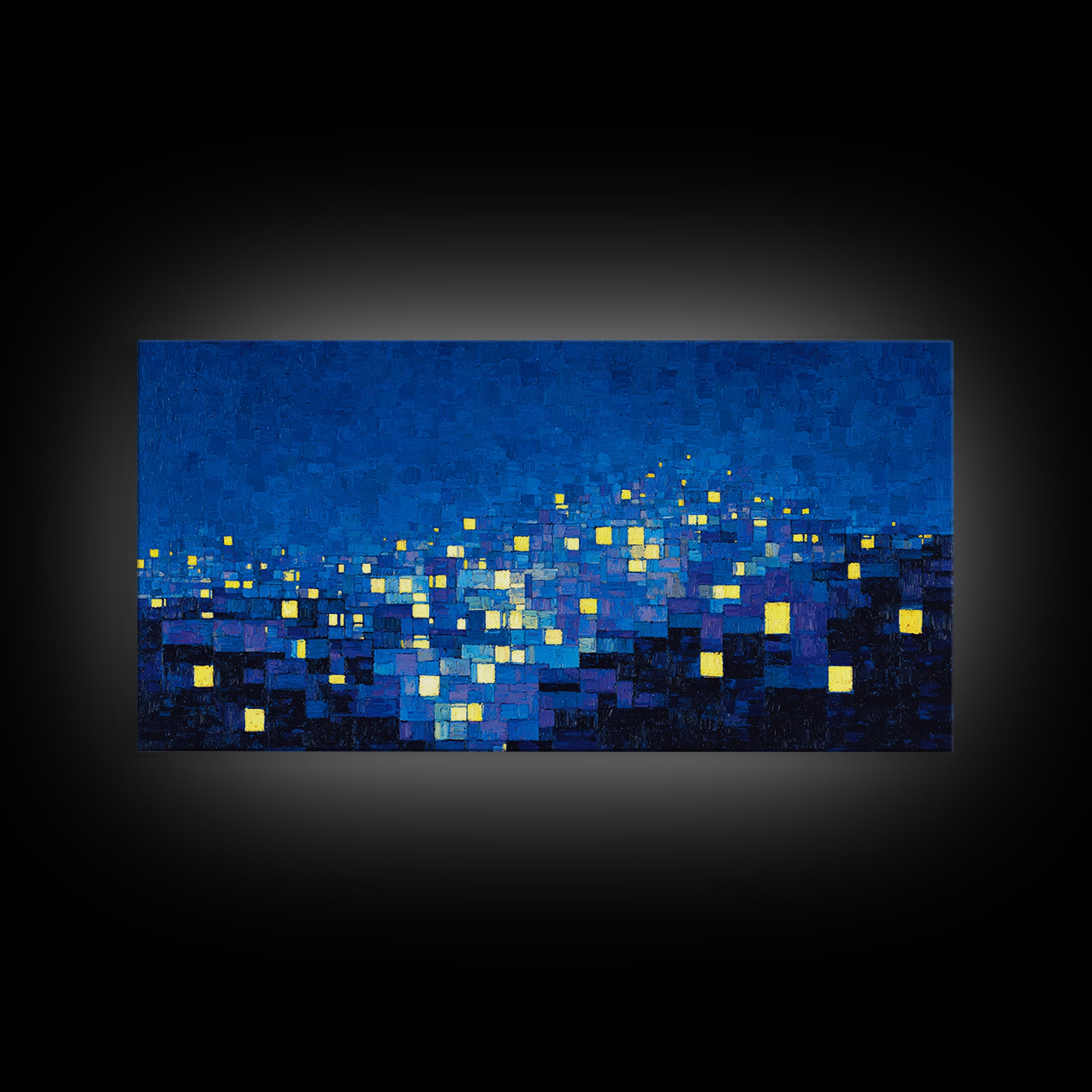 Pixelated Blue City Lights Wall Art, Abstract Night Skyline, Modern Art Print, MCM Wall Decor, Living Room Statement Decor