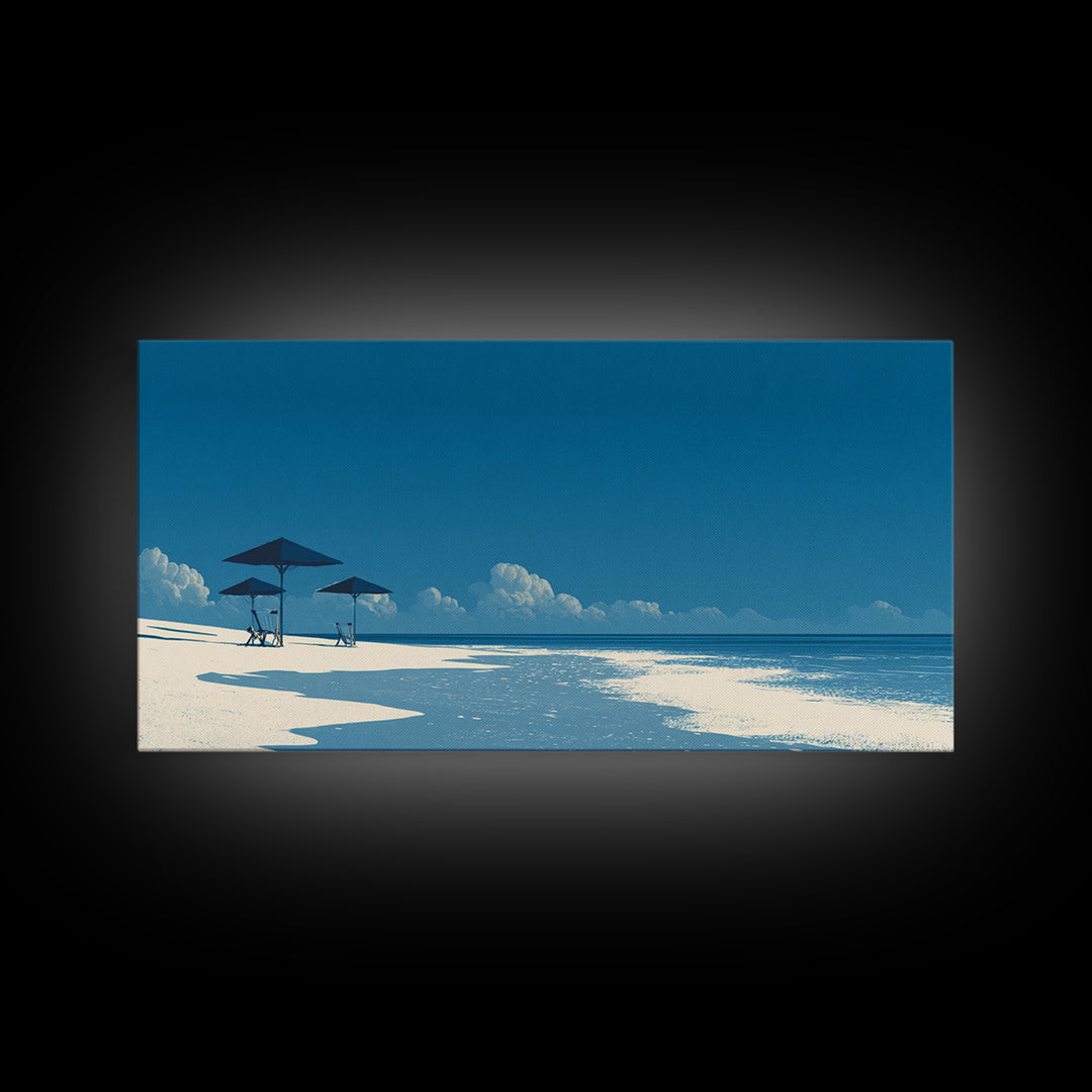 Minimal Blue Beach Wall Art, Serene Ocean Umbrella Landscape Print, Coastal Modern Poster, Summer Decor For Bedroom And Office