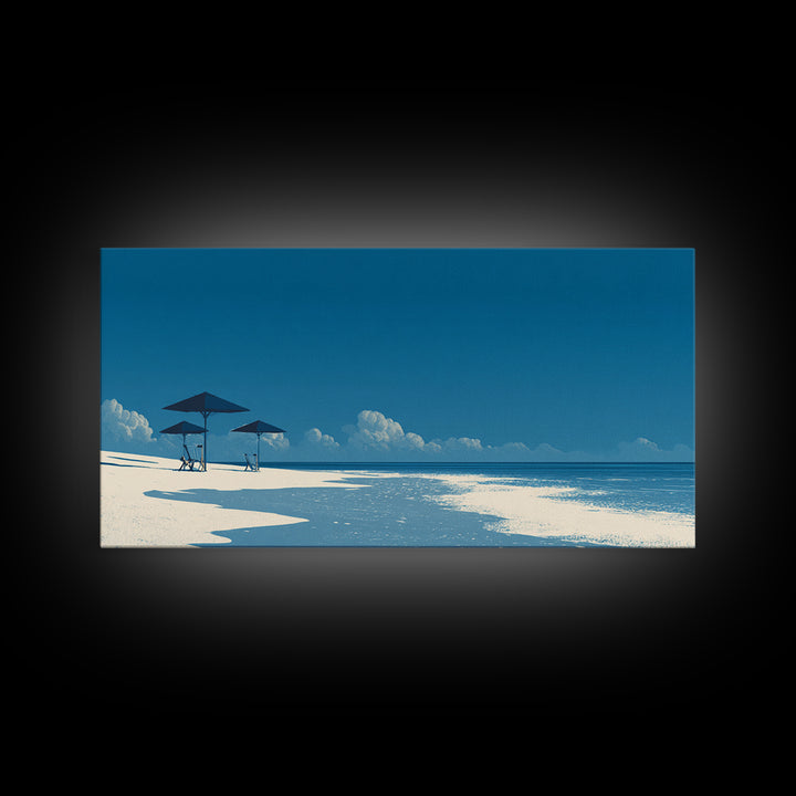 Minimal Blue Beach Wall Art, Serene Ocean Umbrella Landscape Print, Coastal Modern Poster, Summer Decor For Bedroom And Office