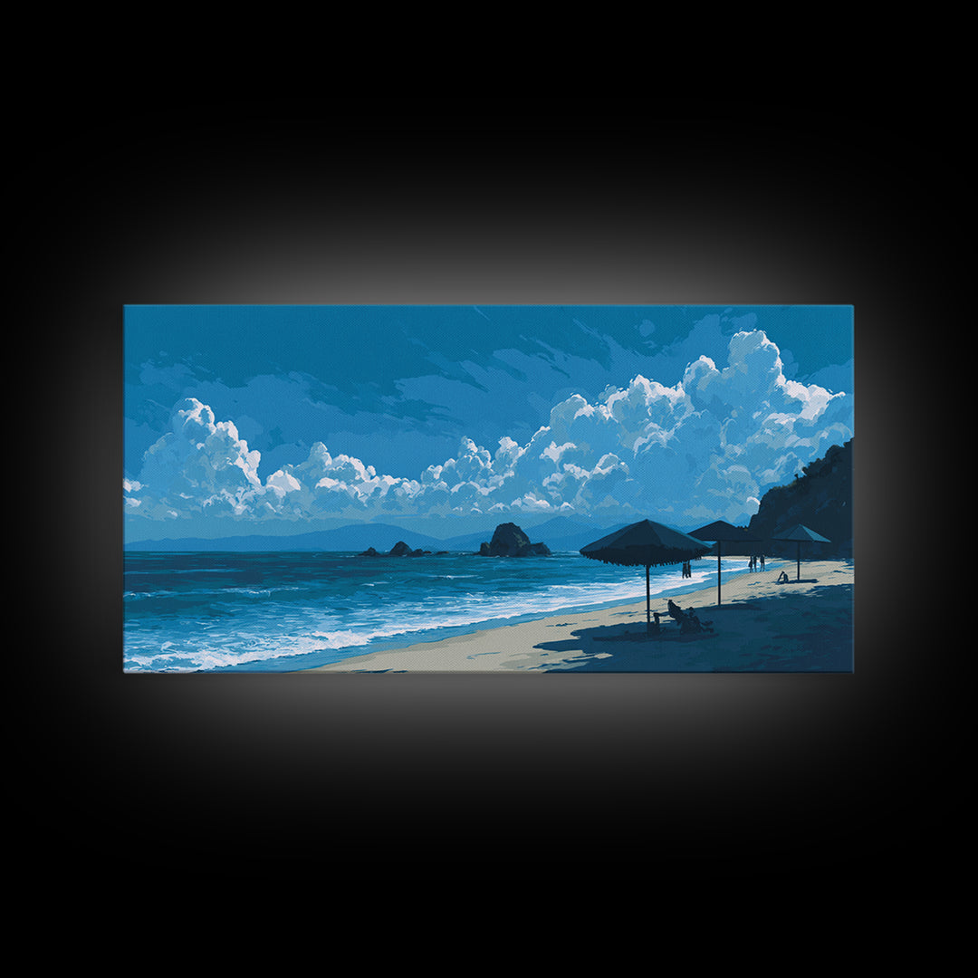 Blue Coastal Cloudscape Canvas Print, Ocean Beach Umbrella Scene, Modern Landscape Wall Art, Tropical Decor For Living Room