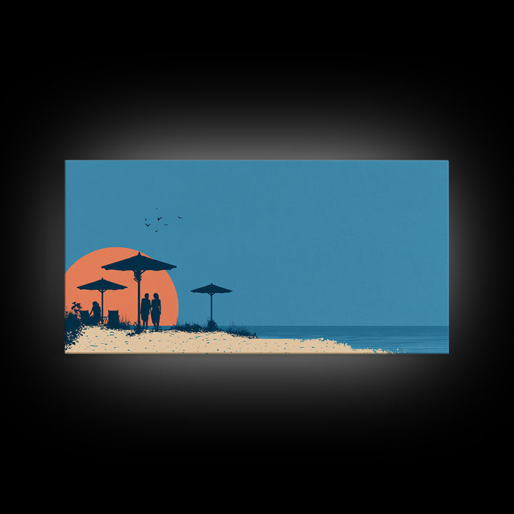 Orange Sunset Beach Wall Art, Silhouette Umbrellas And Couple Print, Retro Coastal Poster, Modern Tropical Decor For Bedroom
