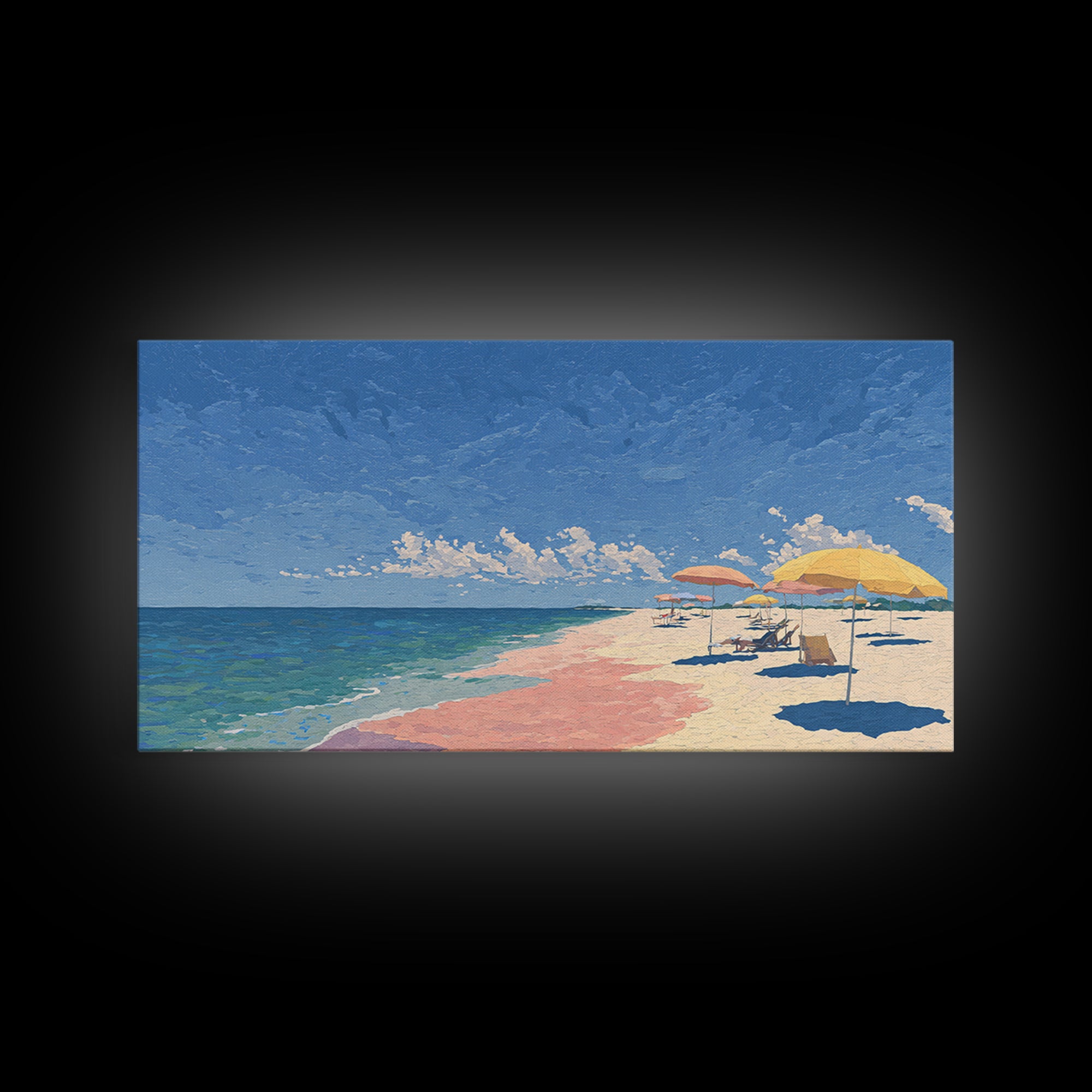Pastel Ocean Beach Canvas Print, Pink Sand Umbrella Landscape, Coastal Modern Wall Art, Soft Summer Decor For Bedroom And Office