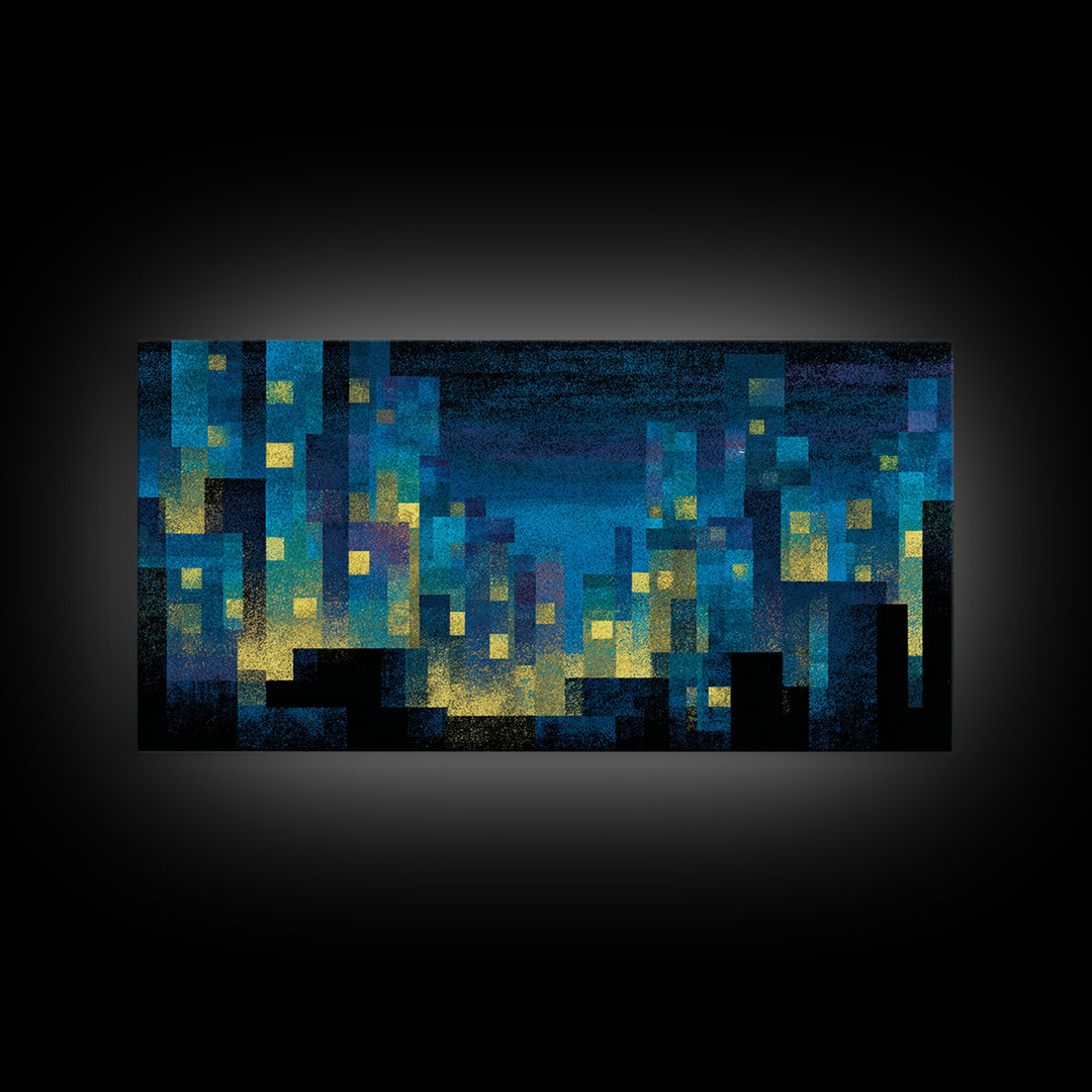 Teal Pixel City Skyline Canvas Print, Glowing Urban Nightscape, Modern Abstract Art, Blue Wall Decor, Home Office Art Print