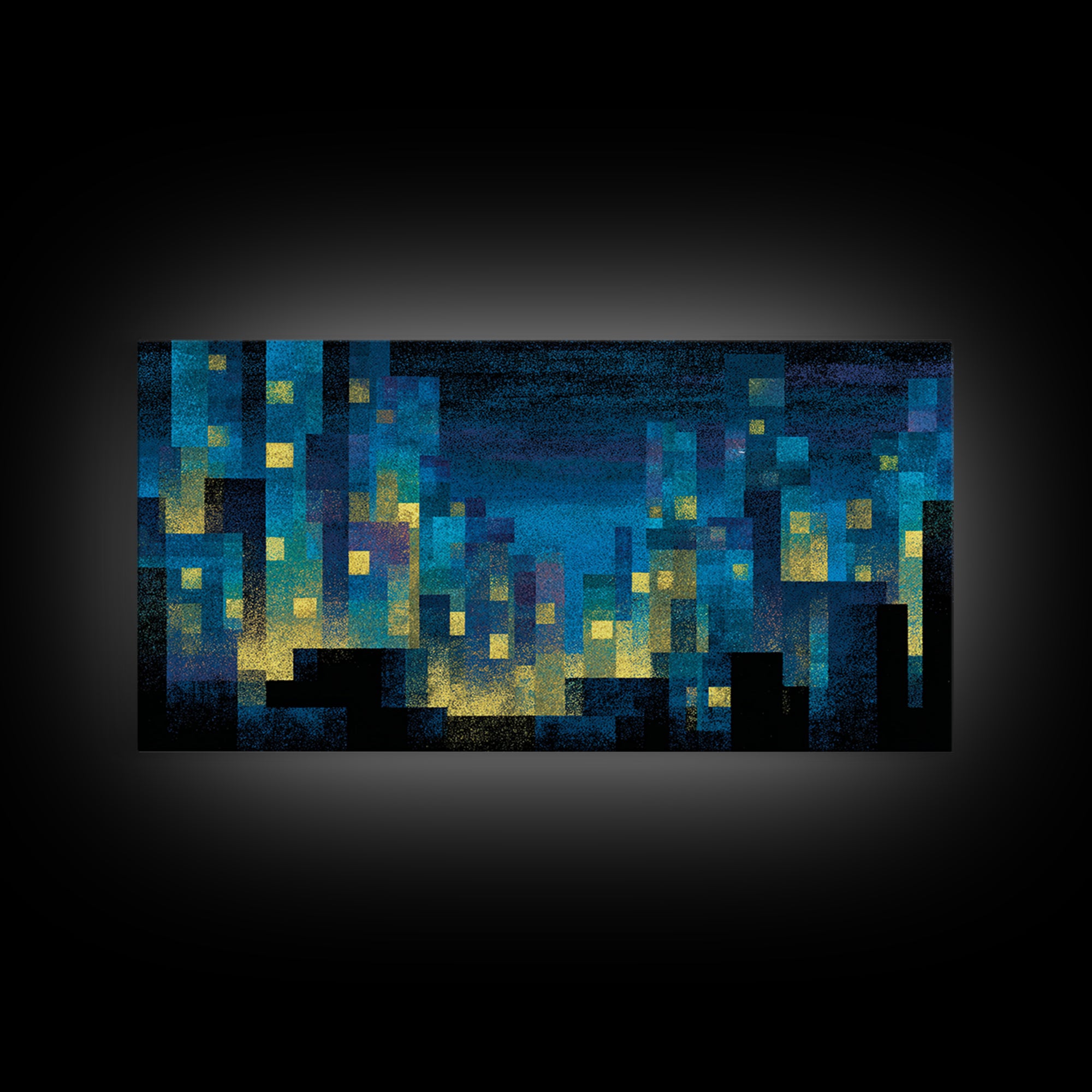 Teal Pixel City Skyline Canvas Print, Glowing Urban Nightscape, Modern Abstract Art, Blue Wall Decor, Home Office Art Print