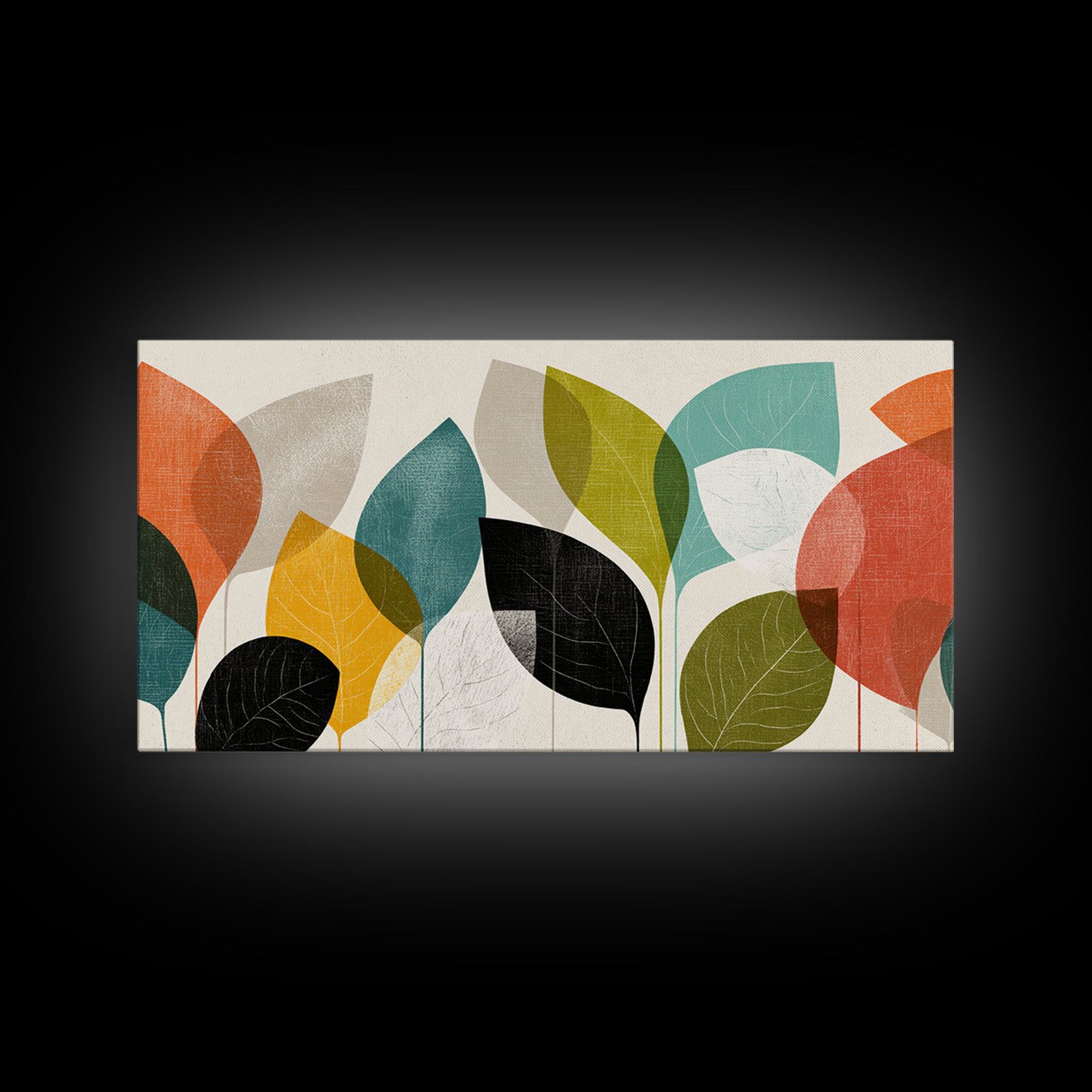 Abstract Overlapping Leaves In Teal Orange Yellow Wall Art, Midcentury Modern Botanical Print, Retro Living Room Decor Gift