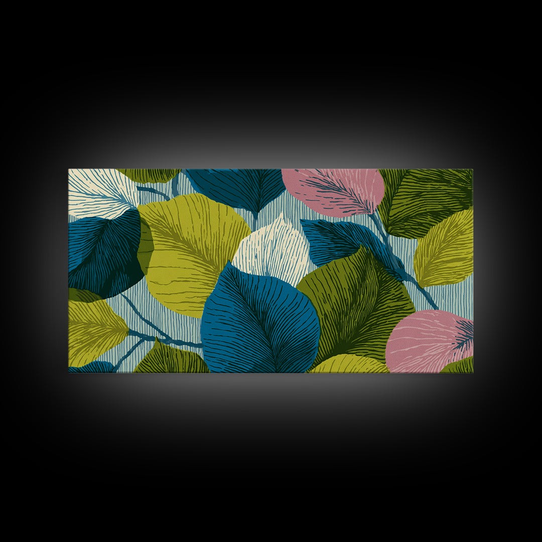 Layered Ginkgo Leaves In Blue Green Pink Canvas Print, Midcentury Modern Botanical Wall Decor, Colorful Living Room Art Print