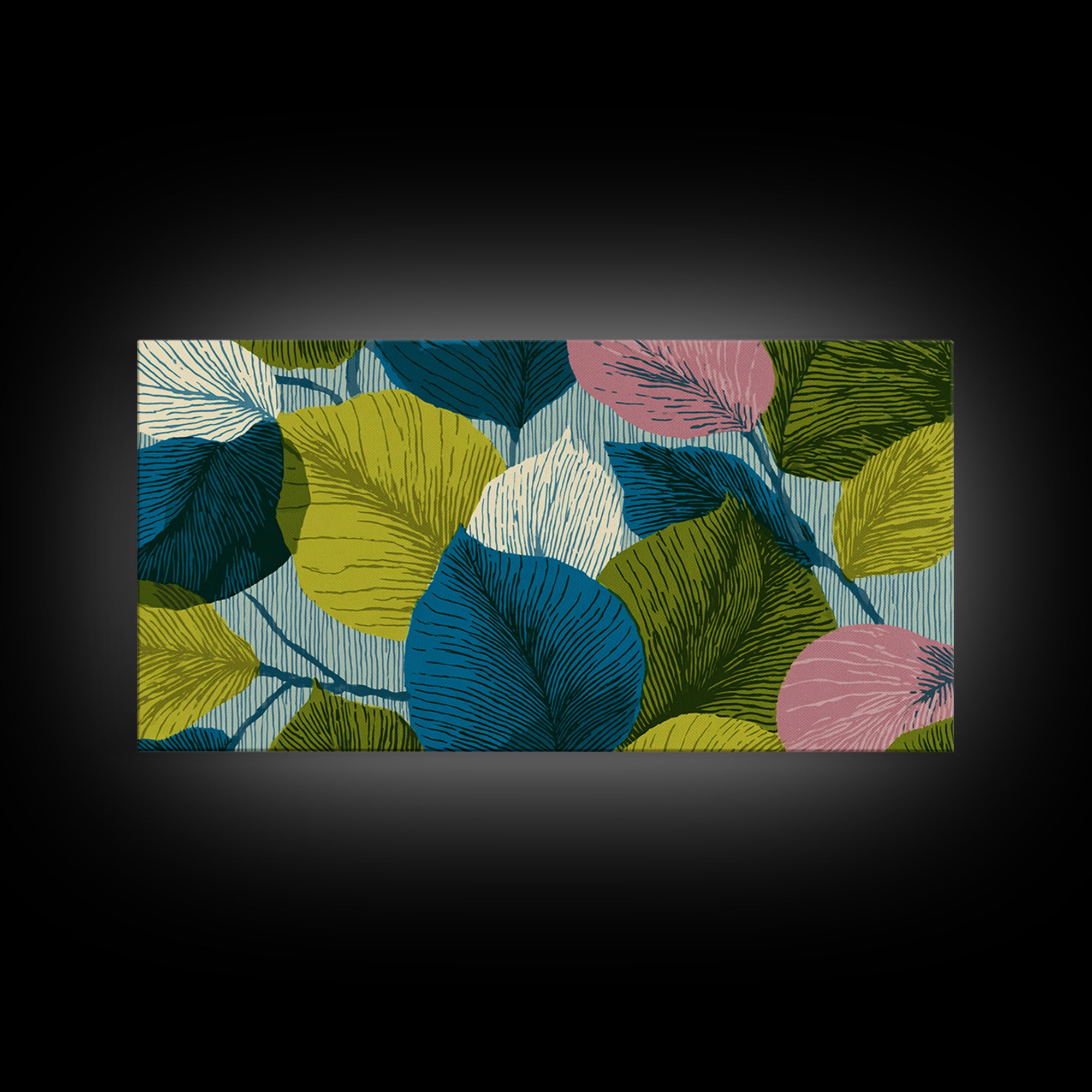 Layered Ginkgo Leaves In Blue Green Pink Canvas Print, Midcentury Modern Botanical Wall Decor, Colorful Living Room Art Print