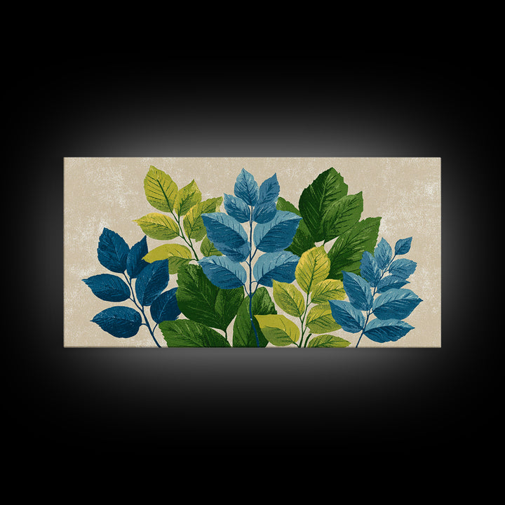 Blue Green Botanical Branches With Textured Leaves Wall Art, Midcentury Modern Nature Print, Calm Bedroom Office Decor Gift