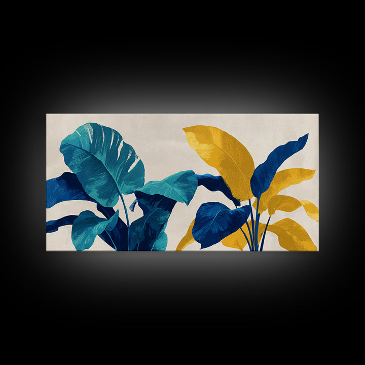 Bold Tropical Leaves In Teal Blue Mustard Canvas Print, Midcentury Modern Botanical Wall Art, Colorful Home Office Decor