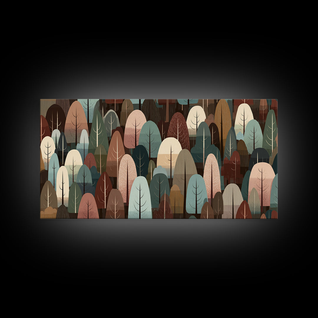 Muted Abstract Forest Of Rounded Trees Framed Canvas Print, Midcentury Modern Wall Art, Earth Tone Woodland Living Room Decor