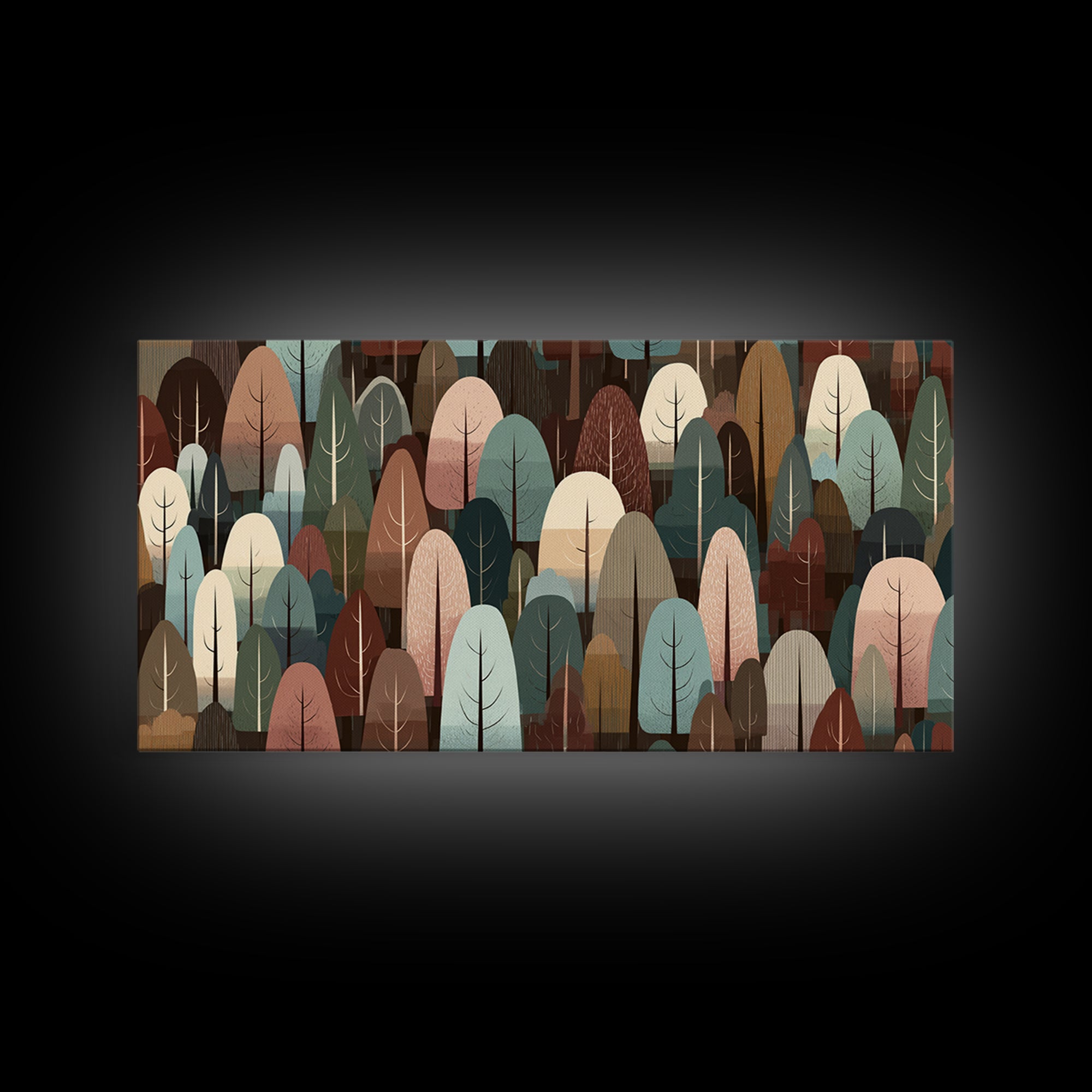 Muted Abstract Forest Of Rounded Trees Framed Canvas Print, Midcentury Modern Wall Art, Earth Tone Woodland Living Room Decor