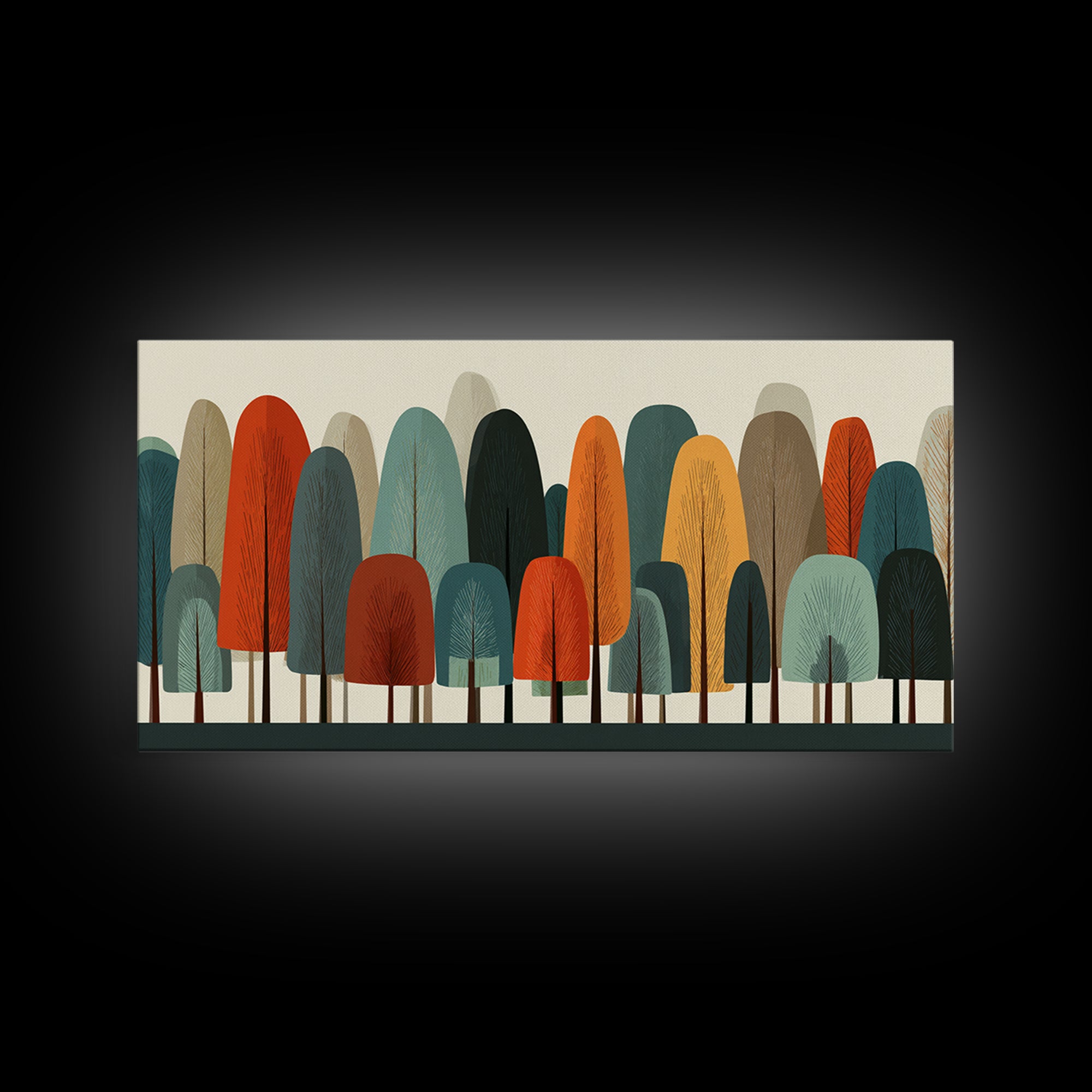 Minimal Rounded Tree Grove In Orange Teal Mustard Wall Art, Midcentury Modern Forest Print, Retro Nursery Or Office Decor