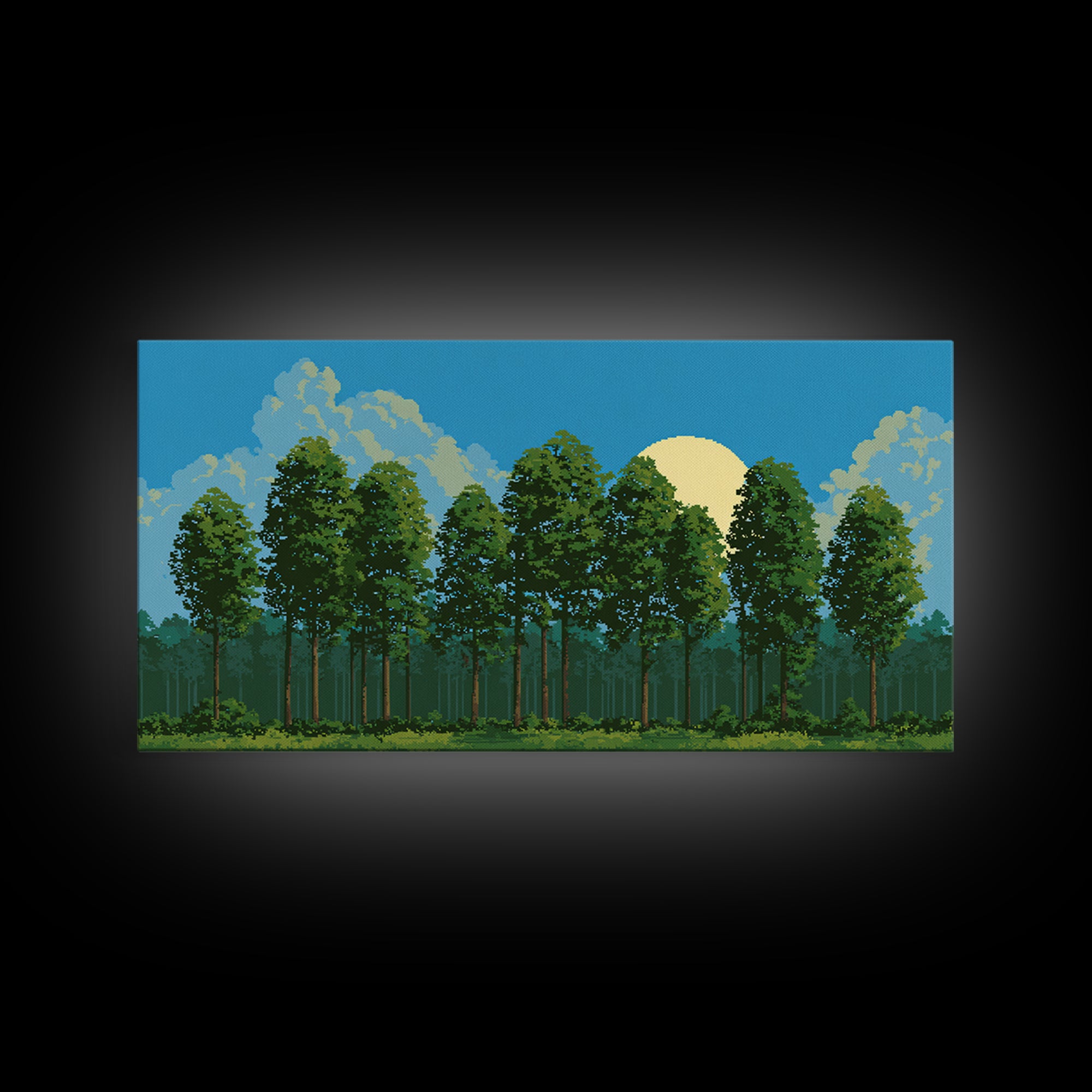 Sunlit Green Forest Landscape With Moonrise Canvas Print, Nature Wall Art, Retro Scenic Living Room And Cabin Decor Gift
