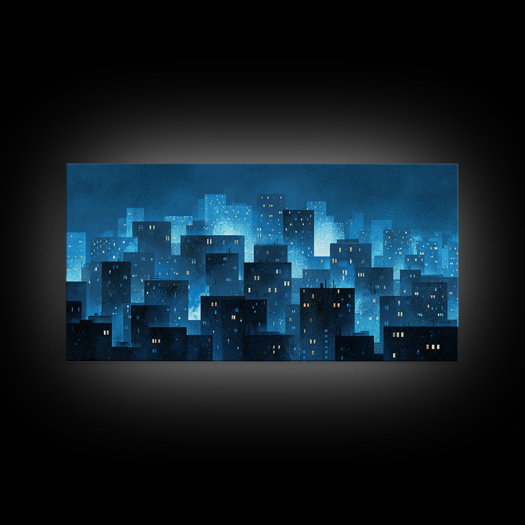 Misty Blue Urban Skyline Framed Canvas Print, Snowy City Lights, Modern Wall Art, Large Abstract Decor, Office Wall Art Print