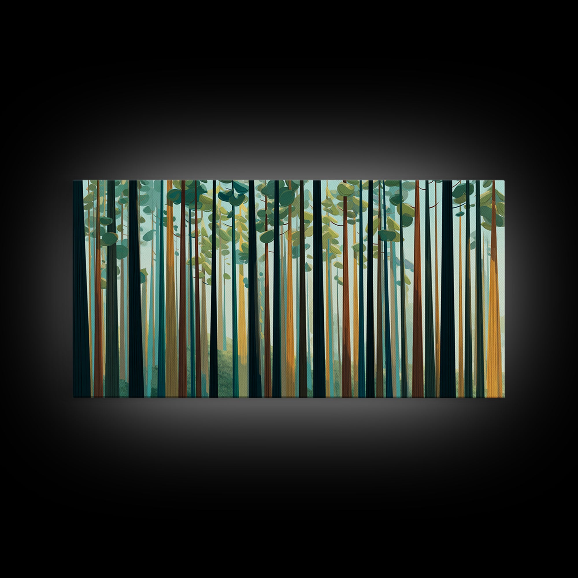 Tall Pine Forest With Sunbeams In Teal Gold Wall Art, Modern Nature Landscape Print, Scandinavian Cabin And Office Decor