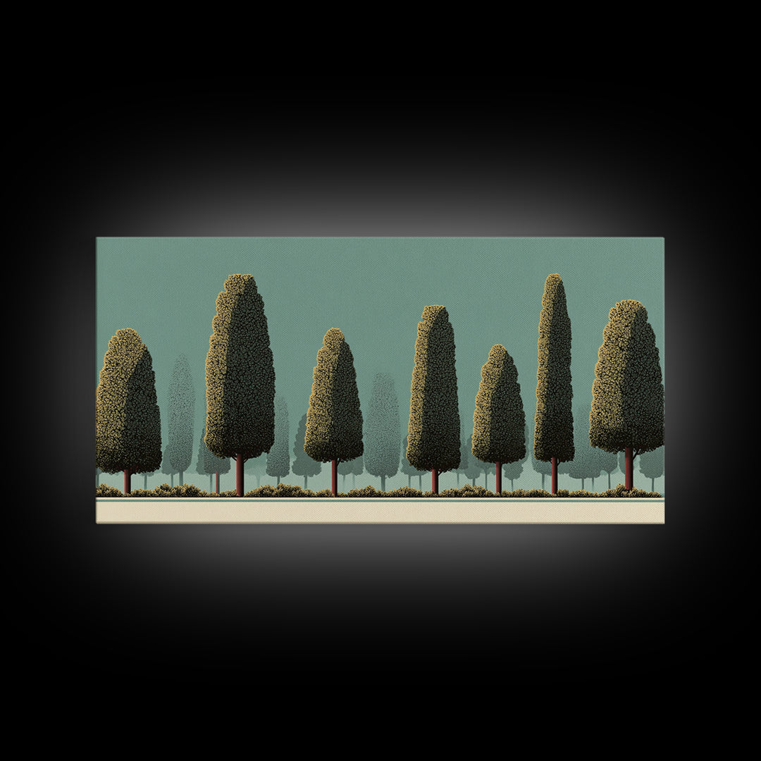 Stylized Cypress Tree Grove Wall Art, Midcentury Modern Landscape Print, Sage Green Retro Decor, Nature Living Room Art Print