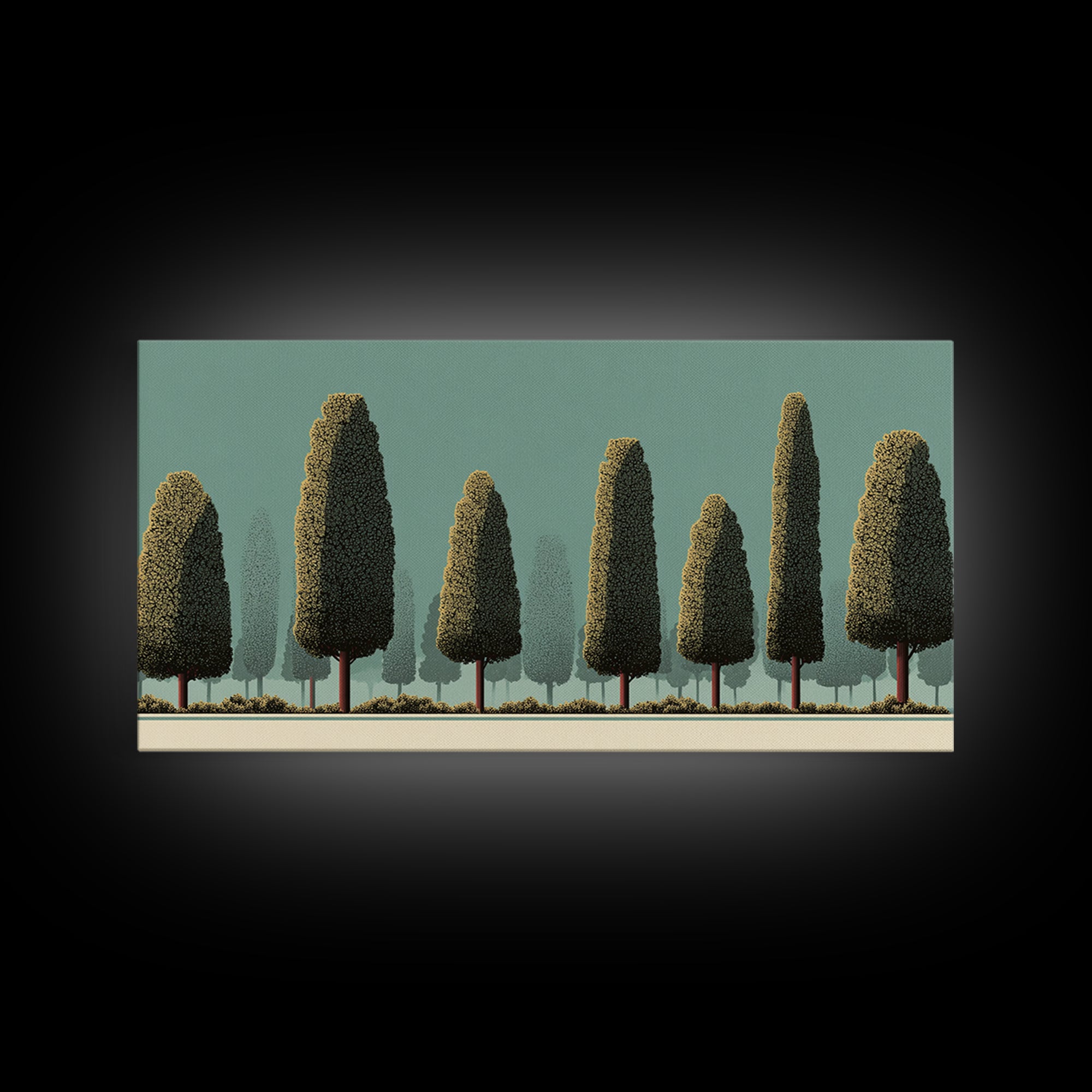 Stylized Cypress Tree Grove Wall Art, Midcentury Modern Landscape Print, Sage Green Retro Decor, Nature Living Room Art Print