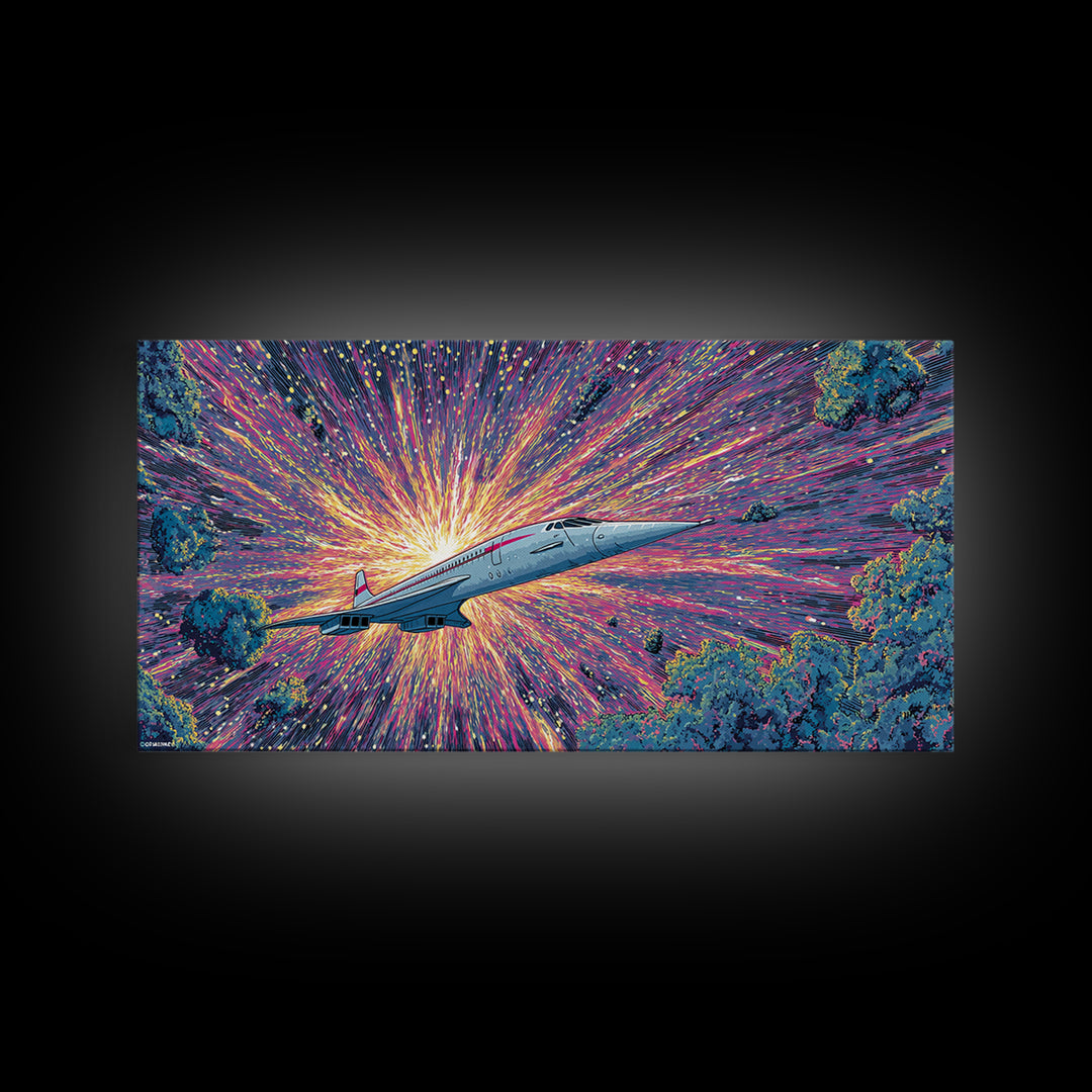 Retro Futuristic Jet Wall Art, Midcentury Sci Fi Airplane Print, Starburst Space Poster, Colorful Modern Home Decor Gift