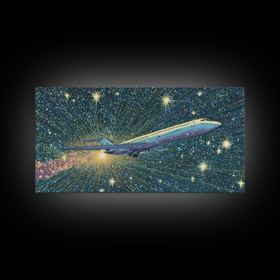Supersonic Jet In Starry Warp Speed Sky Wall Art, Retro Sci Fi Poster, Mid Century Modern Decor, Space Travel Print, Home Office Decor