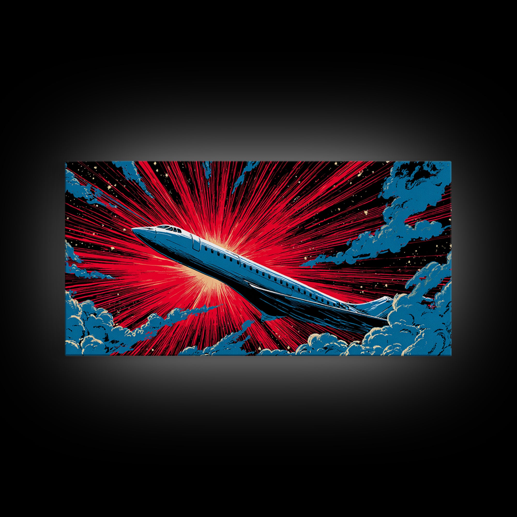 Blue Supersonic Jet With Red Starburst Canvas Print, Retro Sci Fi Poster, Mid Century Modern Wall Decor, Aviation Art Print