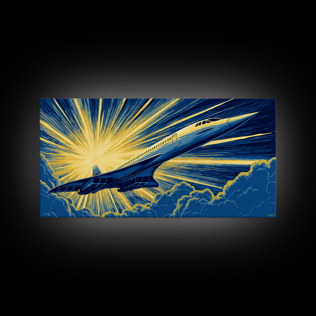 Golden Supersonic Jet Above Clouds Framed Canvas Print, Retro Sci Fi Poster, Mid Century Modern Wall Art, Aviation Decor