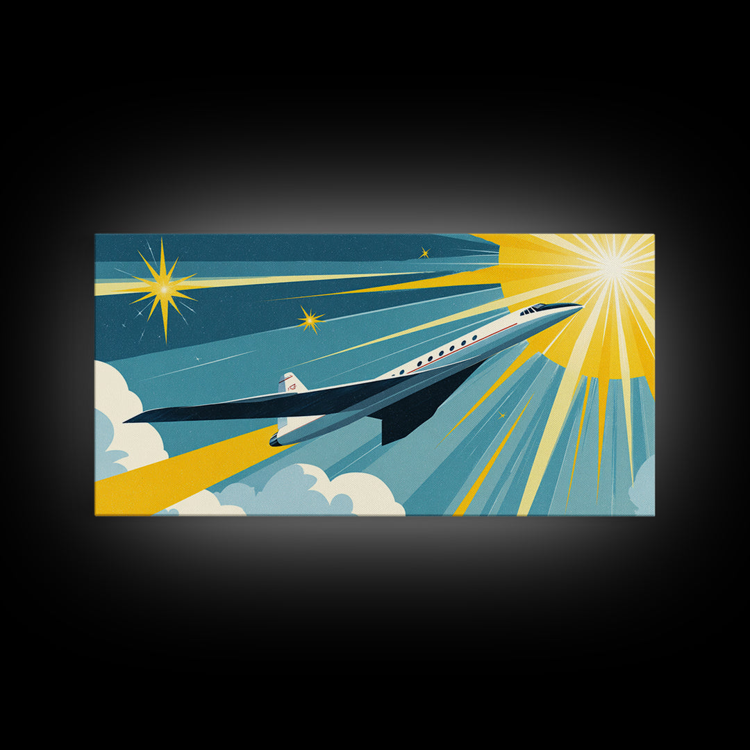 White Supersonic Jet In Sunlit Sky Canvas Print, Mid Century Modern Wall Art, Retro Travel Poster, Space Age Home Decor Print
