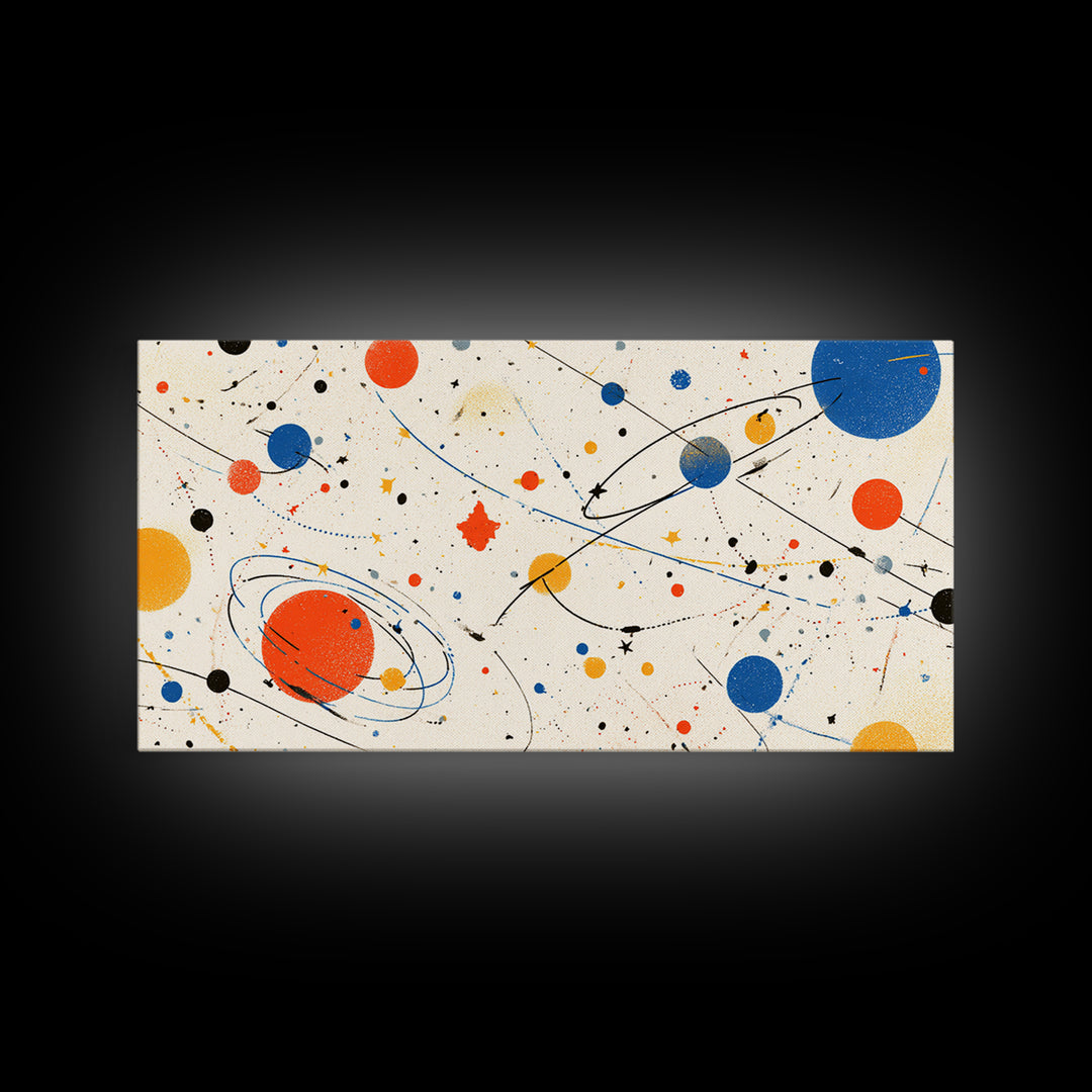 Playful Orbiting Planets And Stars Canvas Print, Atomic Mid Century Modern Wall Art, Retro Space Poster, Kids Room Decor