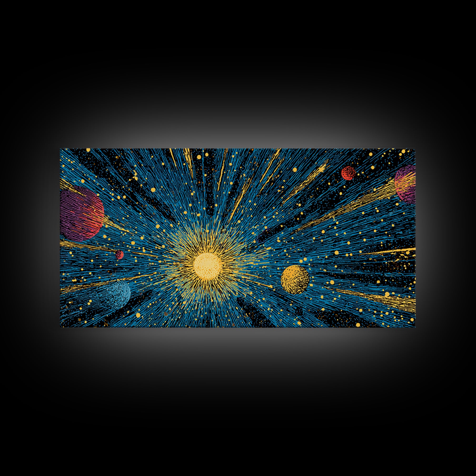 Radiant Sun And Planets In Deep Space Wall Art, Cosmic Retro Sci Fi Poster, Mid Century Modern Decor, Galaxy Print, Home Decor