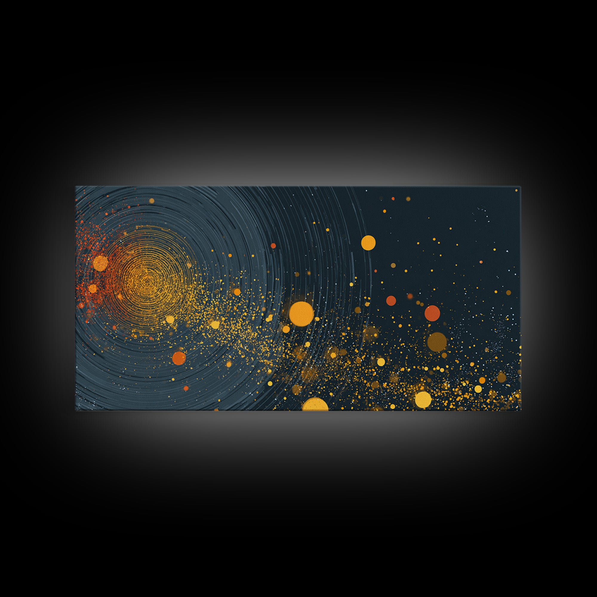 Orange Cosmic Spiral And Star Fields Framed Canvas Print, Abstract Space Wall Art, Mid Century Modern Decor, Galaxy Poster