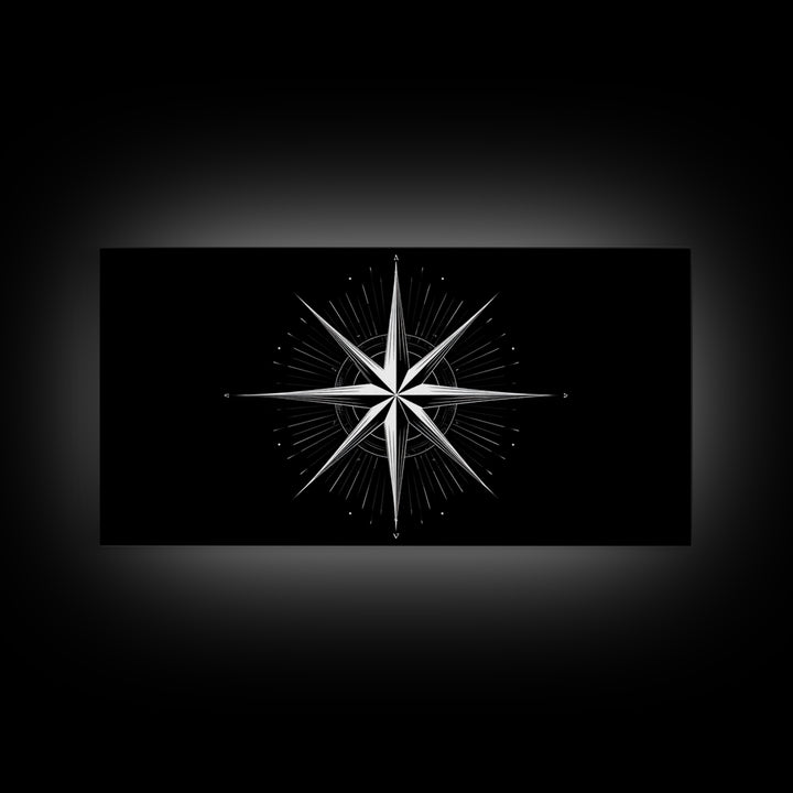 Minimal White Compass Star Wall Art, Black And White Geometric Print, Nautical Modern Wall Decor, Celestial Office Poster