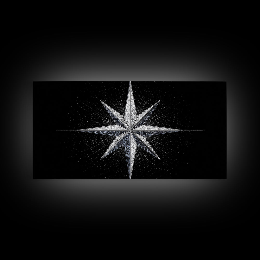 Stippled Compass Rose Canvas Print, Black And White Nautical Star Wall Art, Geometric Modern Poster, Minimal Office Decor