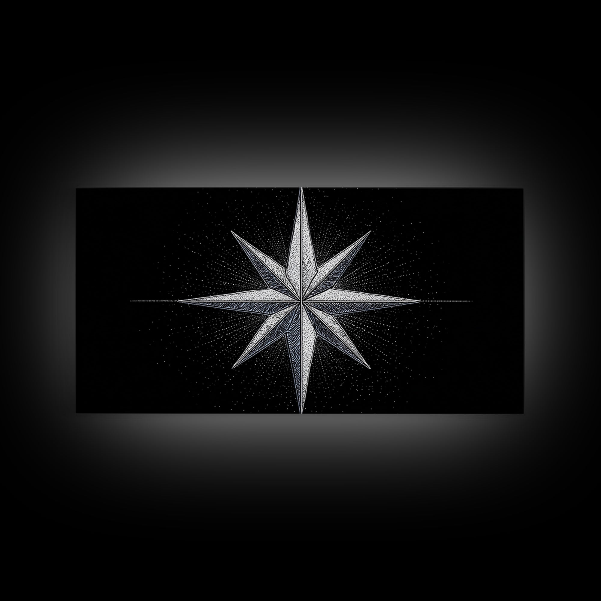 Stippled Compass Rose Canvas Print, Black And White Nautical Star Wall Art, Geometric Modern Poster, Minimal Office Decor