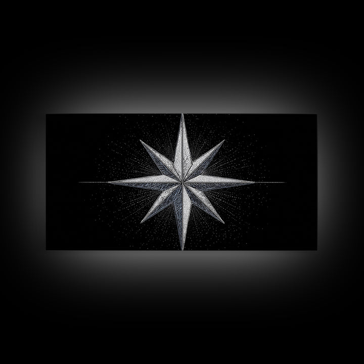 Stippled Compass Rose Canvas Print, Black And White Nautical Star Wall Art, Geometric Modern Poster, Minimal Office Decor