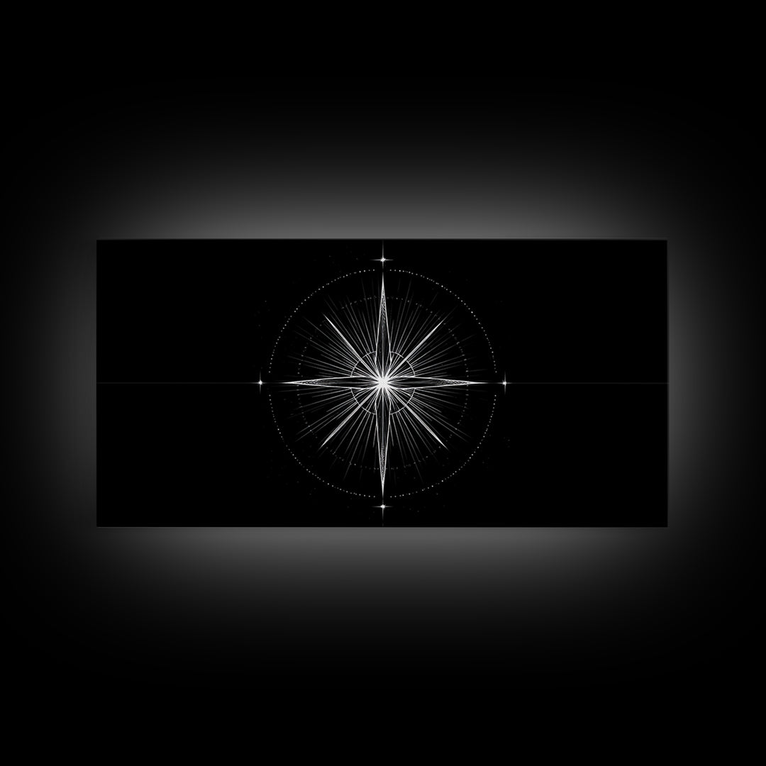 Radiant Compass Star Framed Canvas Print, Black And White Celestial Wall Art, Minimal Geometric Poster, Nautical Decor Gift