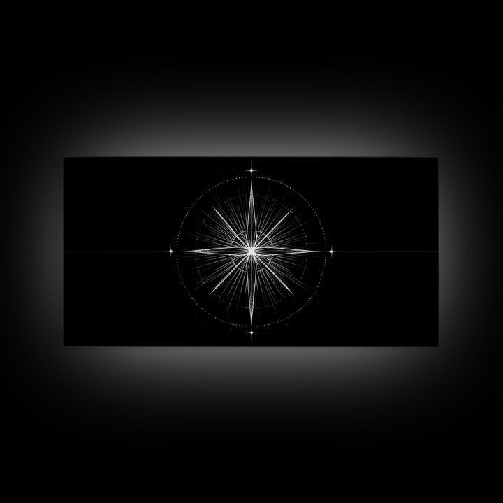Radiant Compass Star Framed Canvas Print, Black And White Celestial Wall Art, Minimal Geometric Poster, Nautical Decor Gift