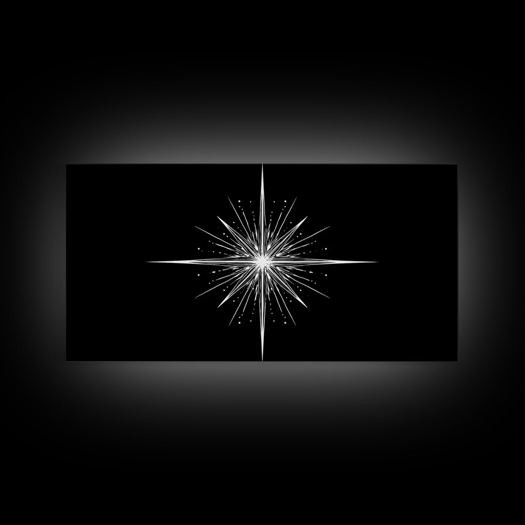 Bright North Star Wall Art, Black And White Celestial Burst Print, Minimal Geometric Poster, Modern Nautical Office Decor