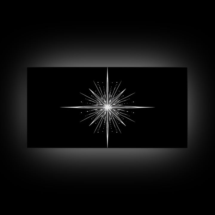 Bright North Star Wall Art, Black And White Celestial Burst Print, Minimal Geometric Poster, Modern Nautical Office Decor