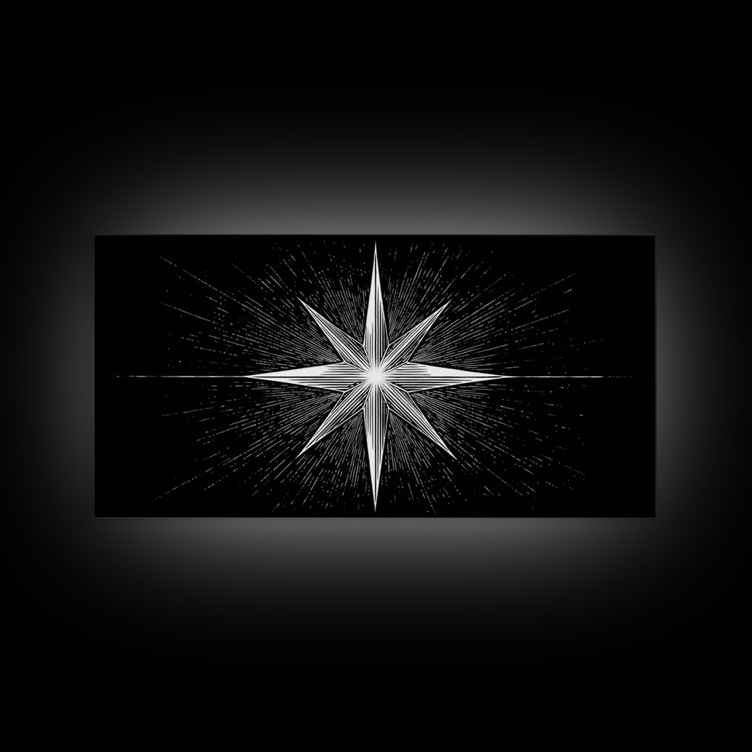 Exploding Compass Star Canvas Print, Black And White Celestial Wall Art, Geometric Nautical Poster, Modern Home Office Decor