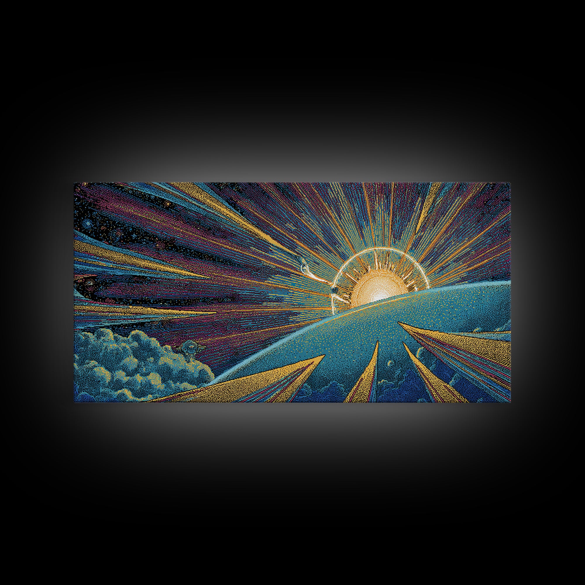 Radiant Sunrise Over Planet Wall Art, Modern Abstract Art Print, Retro Sci Fi Poster, Space Abstract Art, Colorful MCM Decor