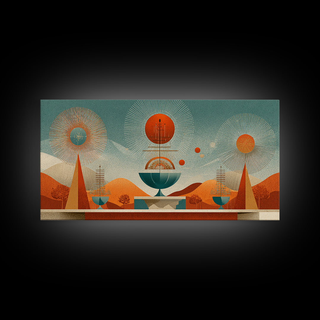 Desert Atomic Fountain Wall Art, Midcentury Modern Art Print, Palm Springs Decor, Orange Teal Geometric Poster, MCM Decor