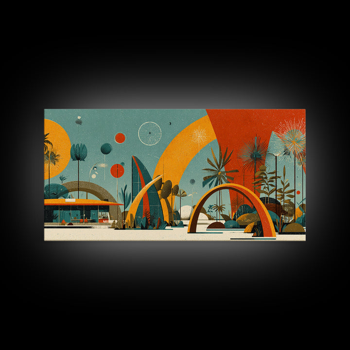 Atomic Desert Resort With Palms And Arches Wall Art, Midcentury Modern Print, Retro Space Age Poster, MCM Home Decor Gift