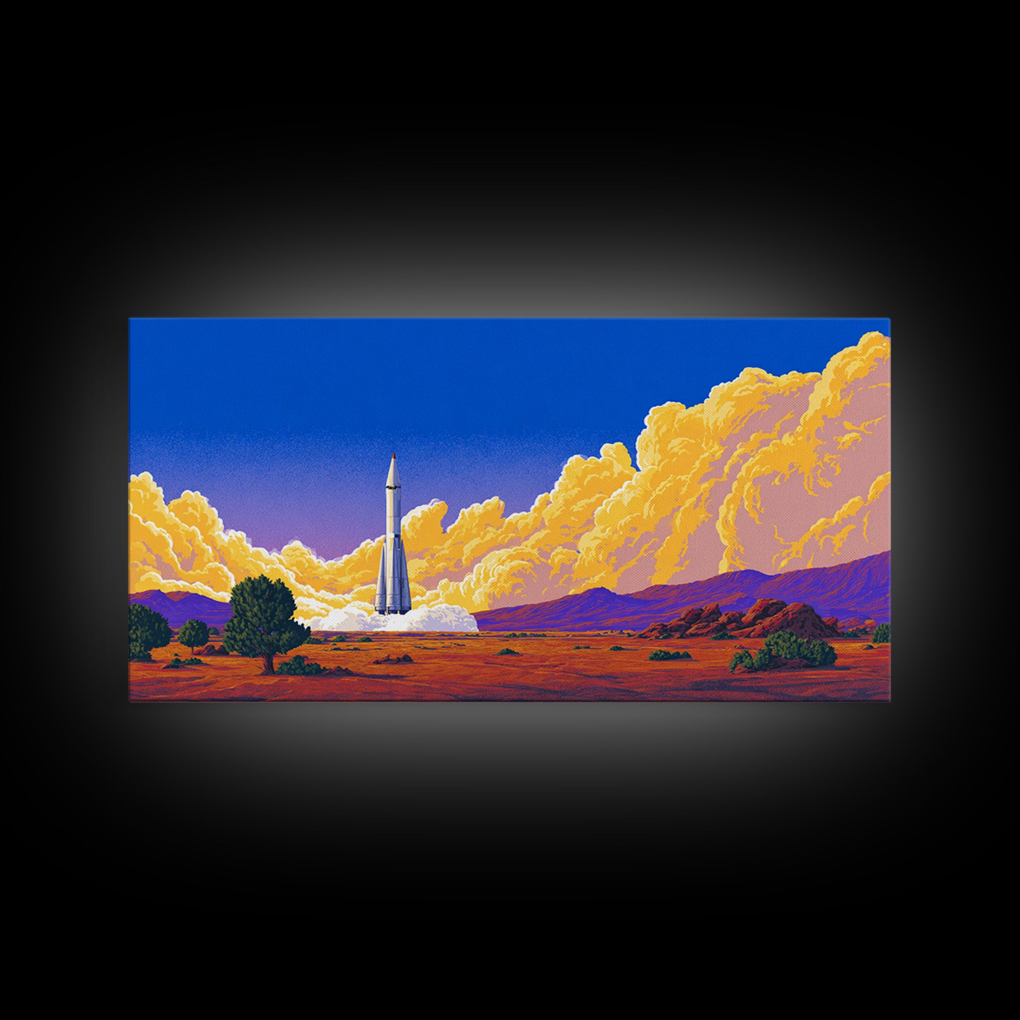 Desert Rocket Launch With Golden Clouds Framed Canvas Print, Retro Sci Fi Poster, Midcentury Modern Wall Art Decor, Gift