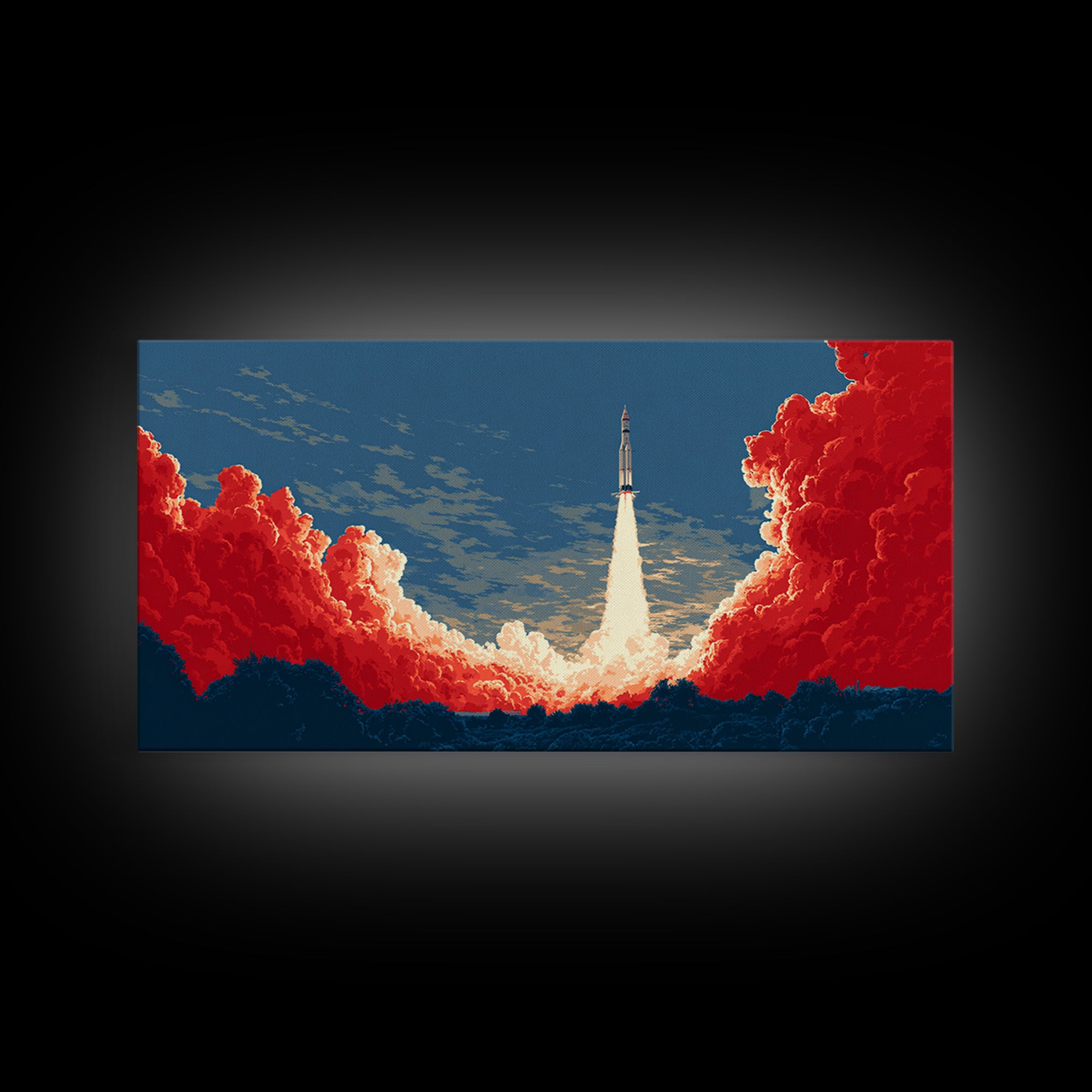 Rocket Launch Through Red Clouds Canvas Print, Retro Sci Fi Poster, Mid Century Modern Wall Art, Bold Space Decor Gift For Him