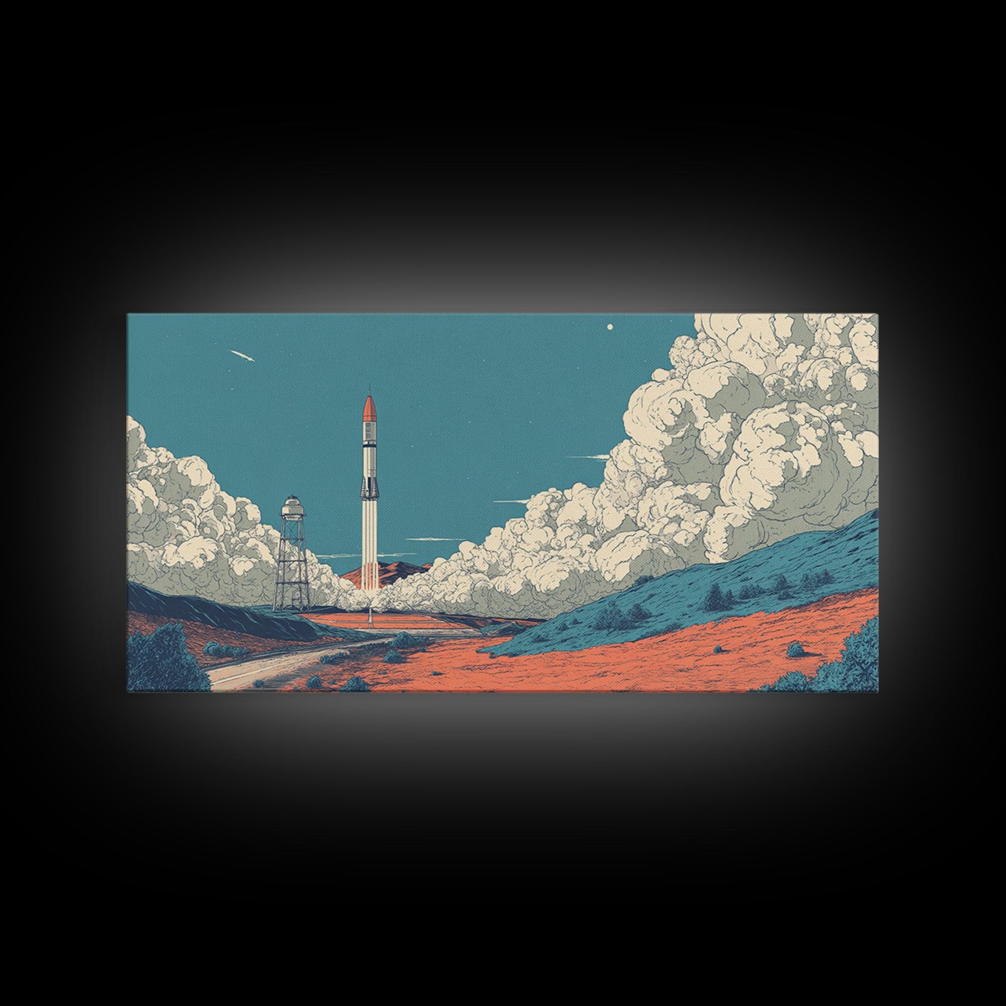 Moonlit Rocket Pad In Blue Desert Wall Art, Midcentury Modern Space Poster, Retro Sci Fi Print, MCM Office Decor Gift Idea