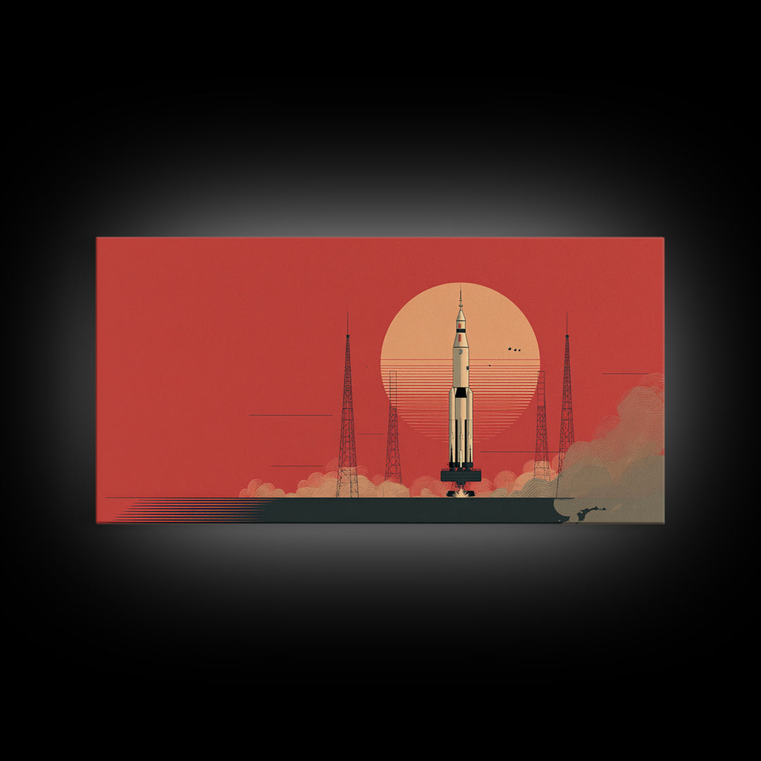 Rocket Launch With Coral Sun Canvas Print, Midcentury Modern Space Age Poster, Atomic Wall Art, Retro Home Decor Gift Idea