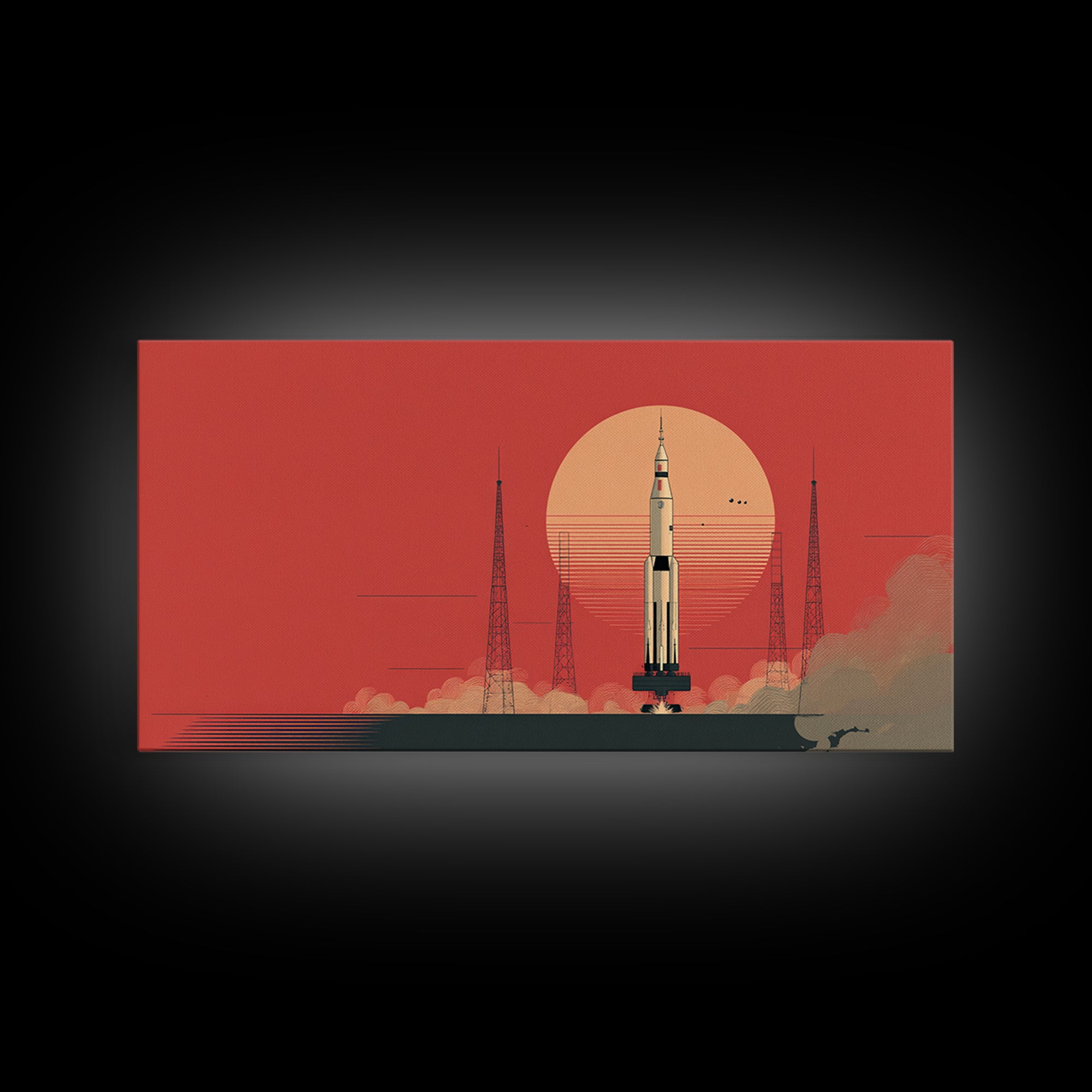 Rocket Launch With Coral Sun Canvas Print, Midcentury Modern Space Age Poster, Atomic Wall Art, Retro Home Decor Gift Idea