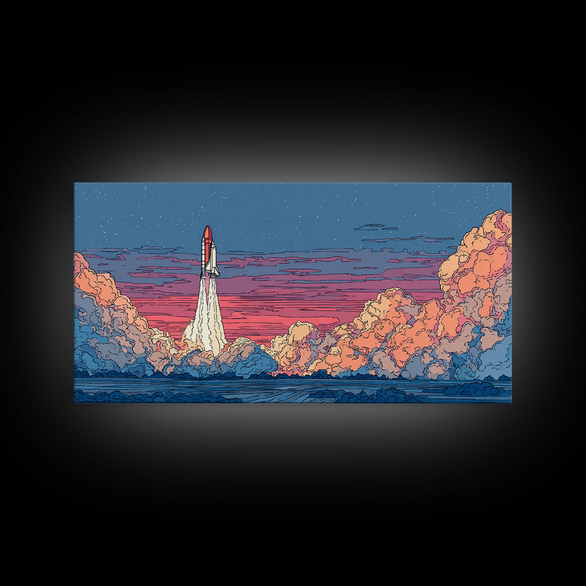 Twilight Rocket Launch Over Ocean Clouds Wall Art, Retro Sci Fi Poster, Mid Century Modern Print, Starry Space Decor Gift